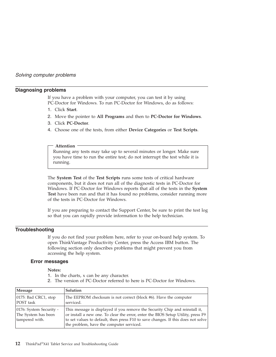 Diagnosing problems, Troubleshooting, Error messages | Diagnosing, Problems, Error, Messages | Lenovo THINKPAD X41 User Manual | Page 36 / 110
