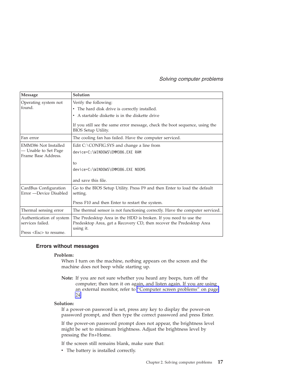 Errors without messages, Errors, Without | Messages | Lenovo THINKPAD X41 User Manual | Page 41 / 110