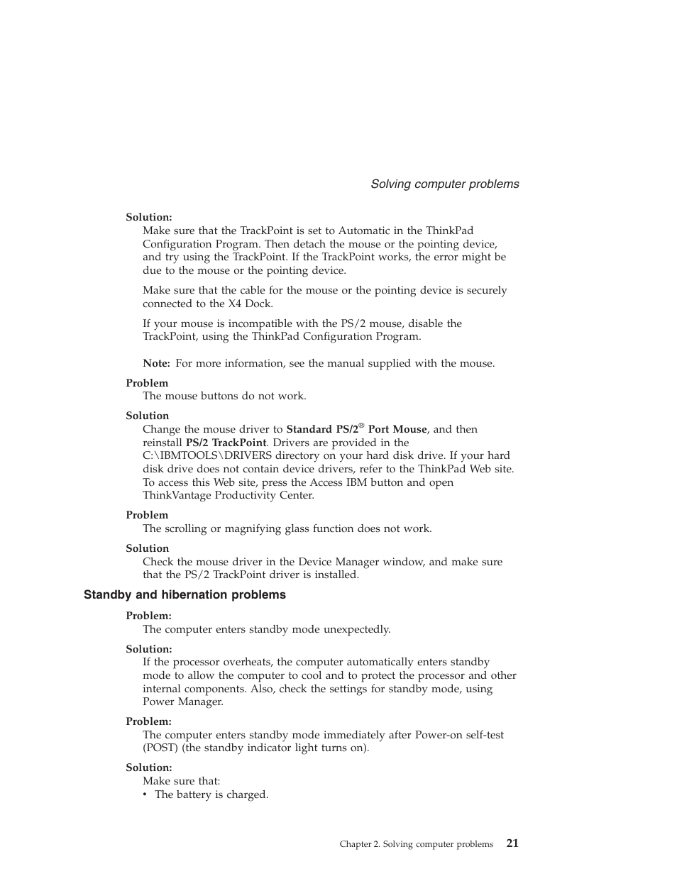 Standby and hibernation problems, Standby, Hibernation | Problems | Lenovo THINKPAD X41 User Manual | Page 45 / 110