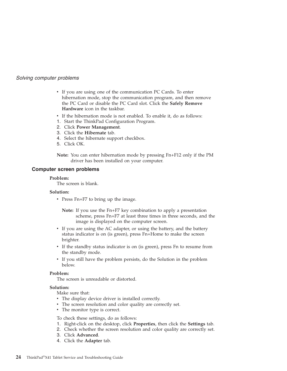 Computer screen problems, Computer, Screen | Problems | Lenovo THINKPAD X41 User Manual | Page 48 / 110