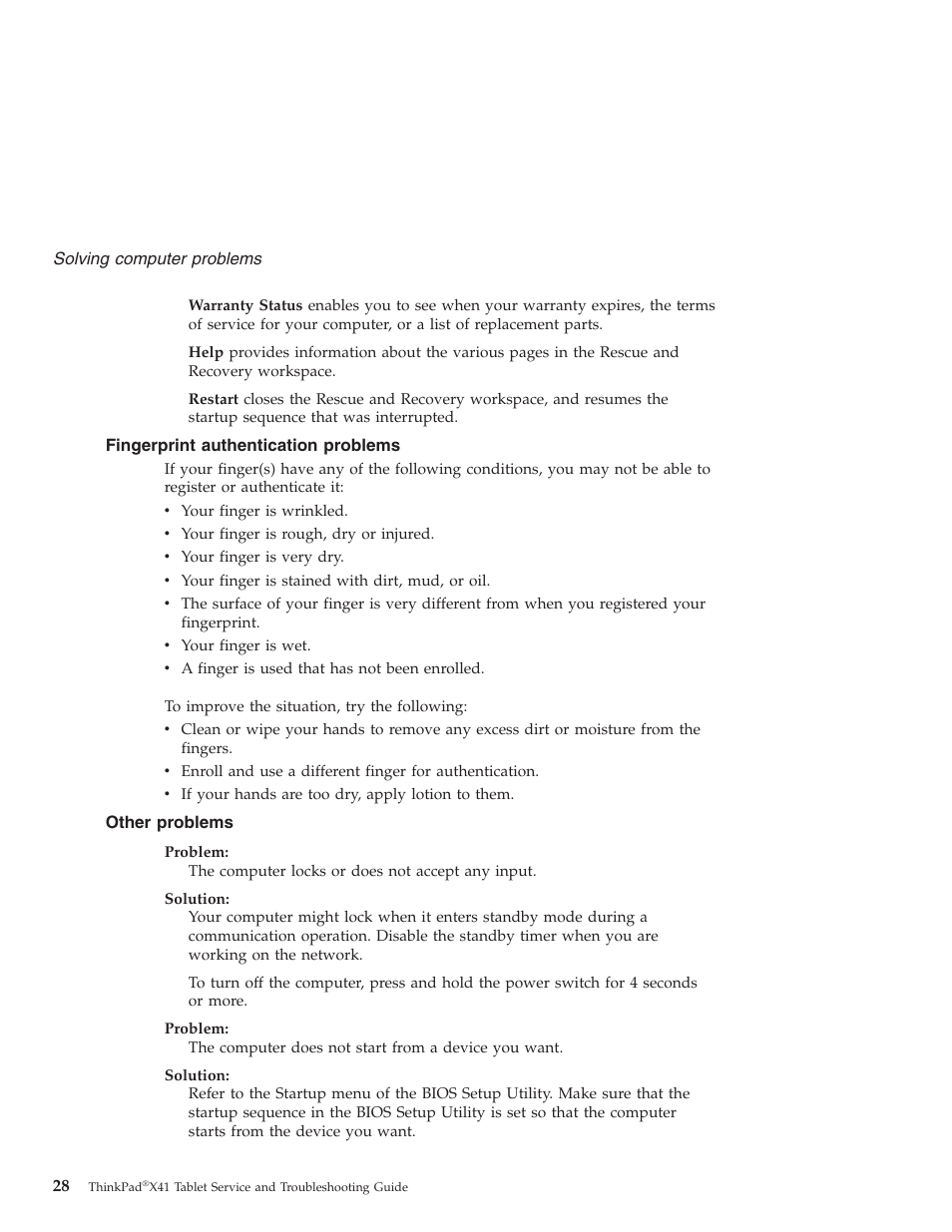 Fingerprint authentication problems, Other problems, Fingerprint | Authentication, Problems, Other | Lenovo THINKPAD X41 User Manual | Page 52 / 110