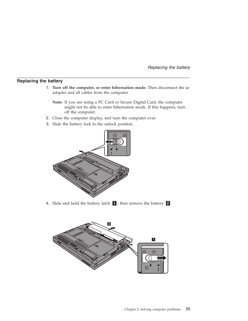 Replacing the battery, Replacing, Battery | Lenovo THINKPAD X41 User Manual | Page 59 / 110