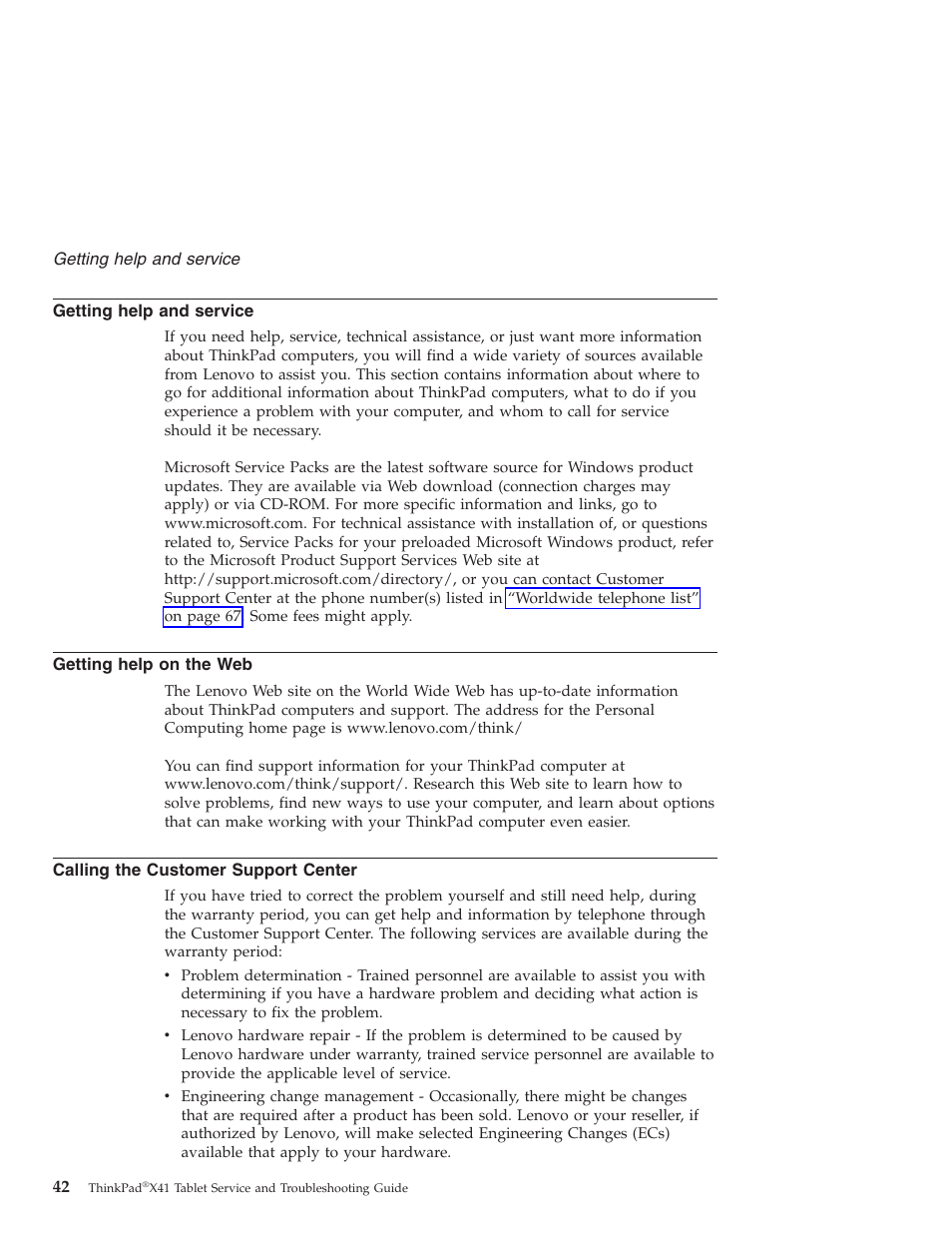 Getting help and service, Getting help on the web, Calling the customer support center | Getting, Help, Service, Calling, Customer, Support, Center | Lenovo THINKPAD X41 User Manual | Page 66 / 110