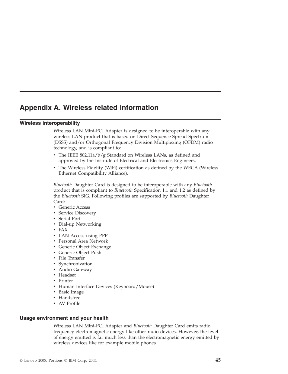 Appendix a. wireless related information, Wireless interoperability, Usage environment and your health | Appendix, Wireless, Related, Information, Interoperability, Usage, Environment | Lenovo THINKPAD X41 User Manual | Page 69 / 110