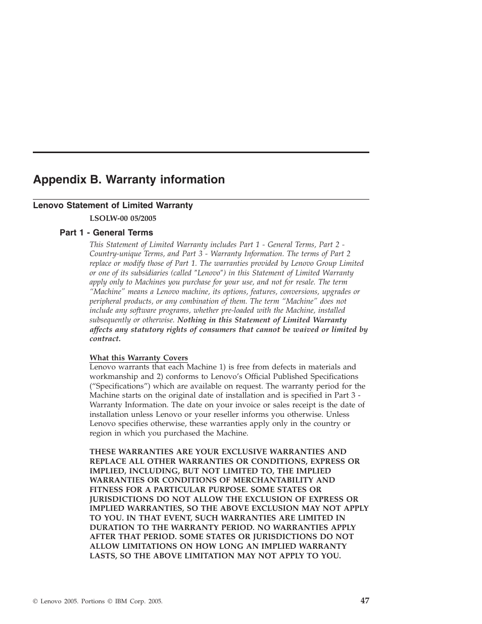 Appendix b. warranty information, Lenovo statement of limited warranty, Part 1 - general terms | Appendix, Warranty, Information, Lenovo, Statement, Limited, Part | Lenovo THINKPAD X41 User Manual | Page 71 / 110