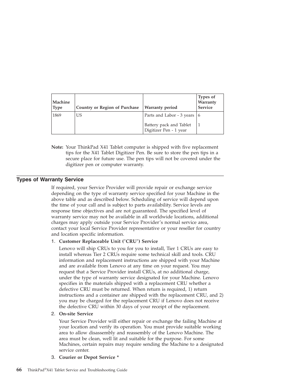Types of warranty service, Types, Warranty | Service | Lenovo THINKPAD X41 User Manual | Page 90 / 110