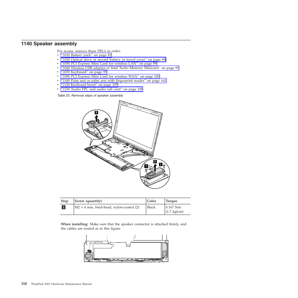 1140 speaker assembly | Lenovo X301 User Manual | Page 118 / 180