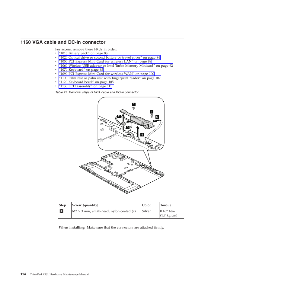 1160 vga cable and dc-in connector | Lenovo X301 User Manual | Page 122 / 180