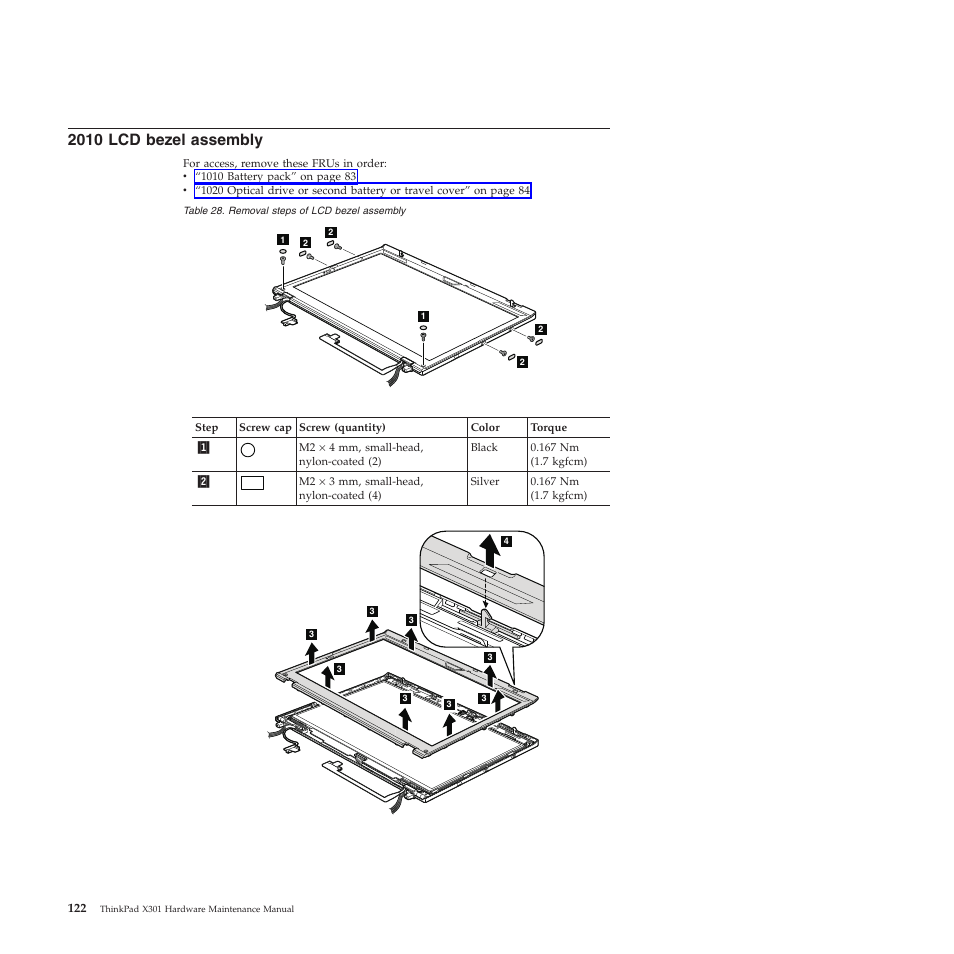 2010 lcd bezel assembly | Lenovo X301 User Manual | Page 130 / 180