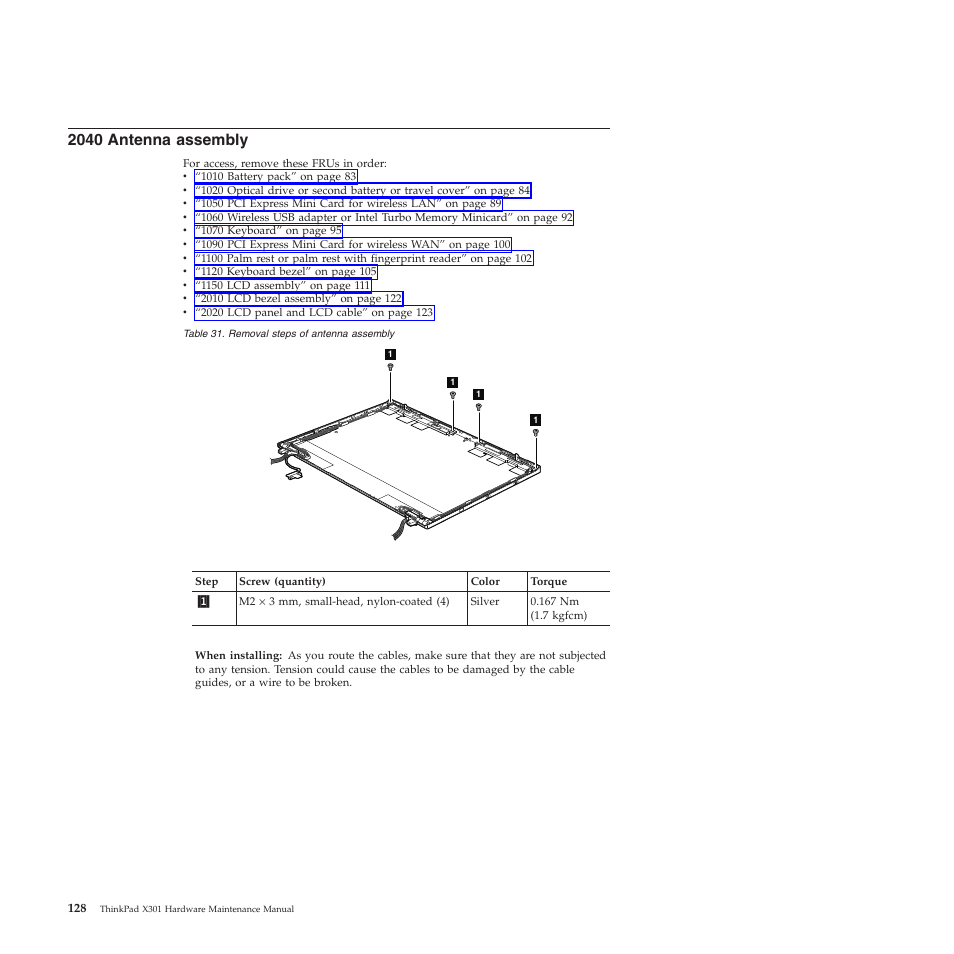2040 antenna assembly | Lenovo X301 User Manual | Page 136 / 180