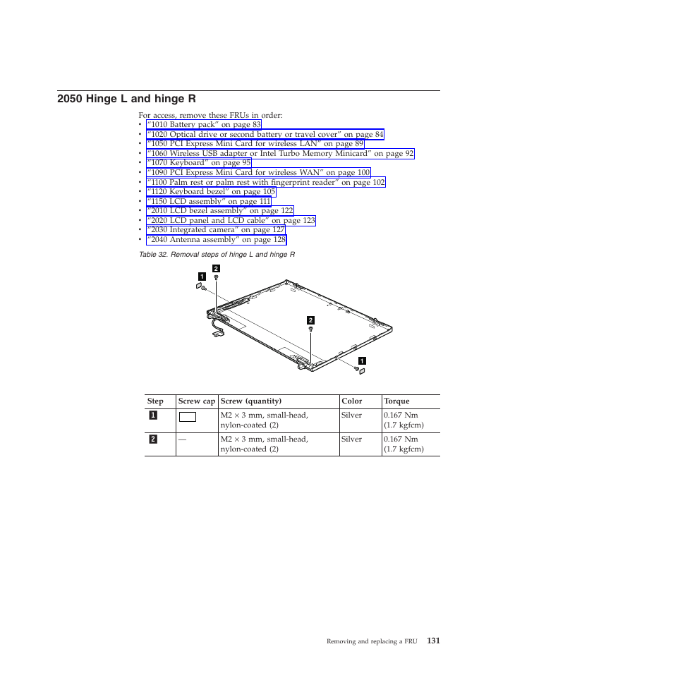 2050 hinge l and hinge r | Lenovo X301 User Manual | Page 139 / 180