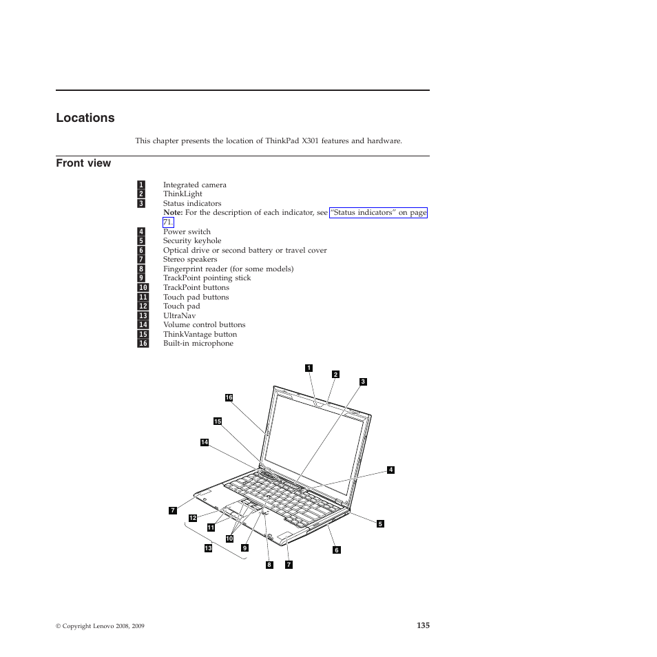 Locations, Front view | Lenovo X301 User Manual | Page 143 / 180