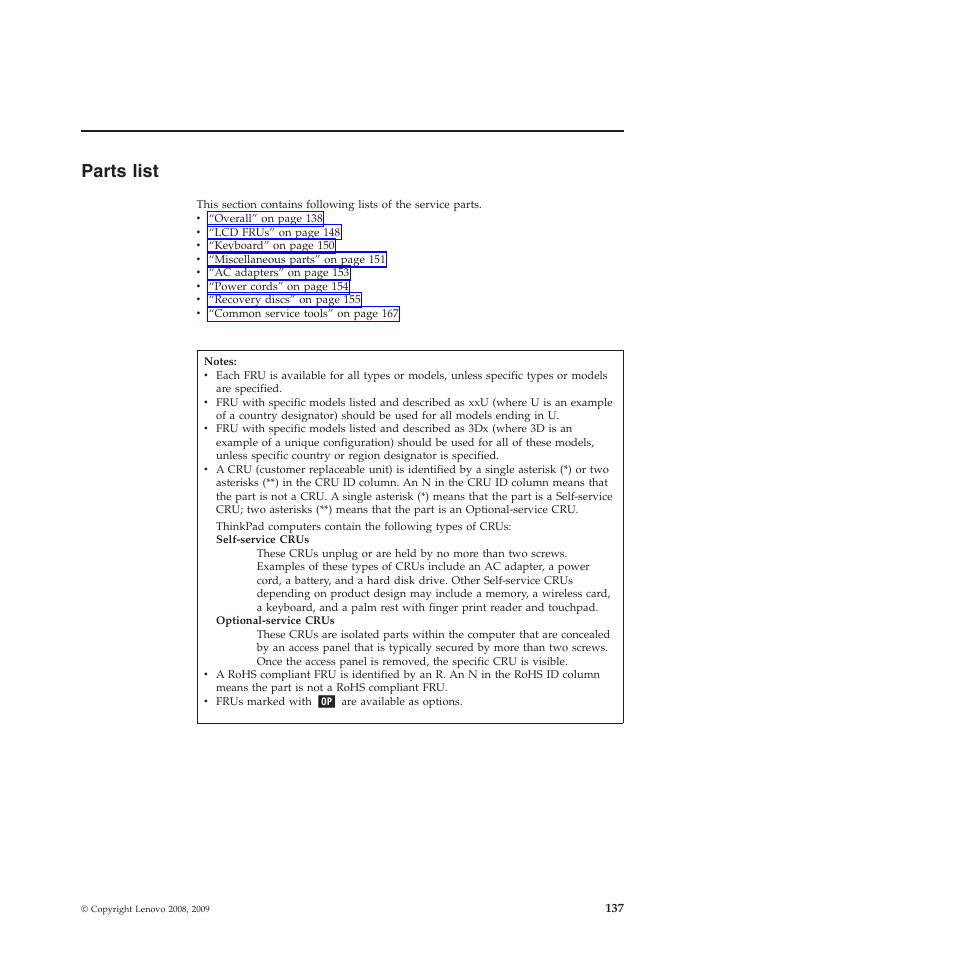 Parts list | Lenovo X301 User Manual | Page 145 / 180