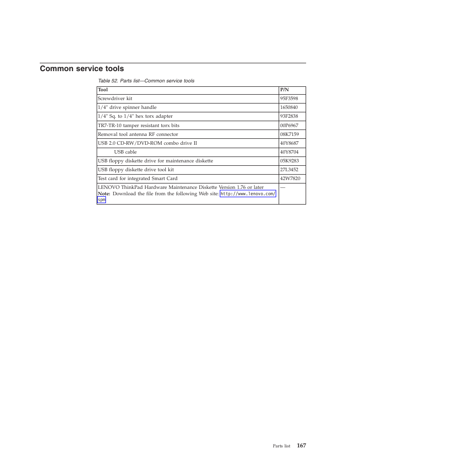 Common service tools | Lenovo X301 User Manual | Page 175 / 180
