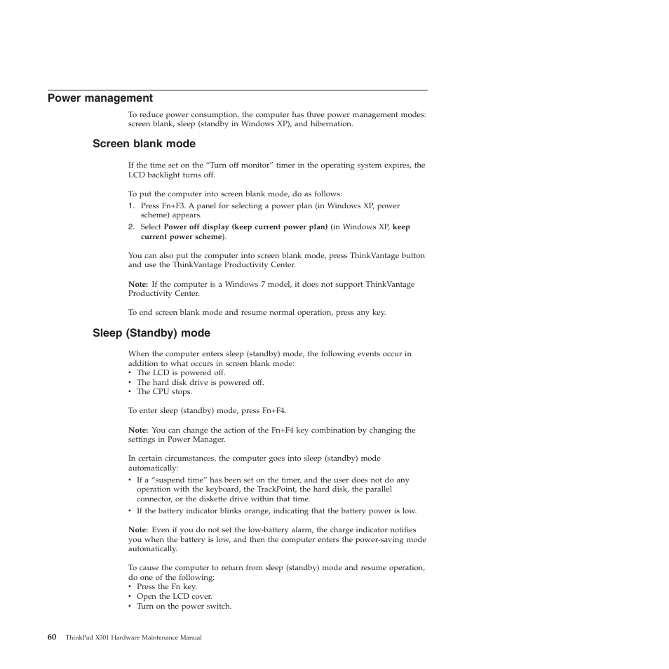 Power management, Screen blank mode, Sleep (standby) mode | Lenovo X301 User Manual | Page 68 / 180