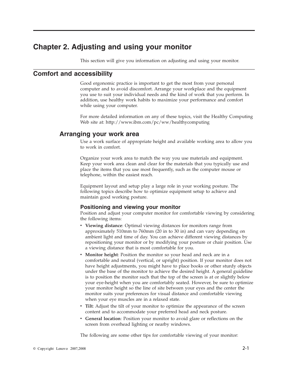 Chapter 2. adjusting and using your monitor, Comfort and accessibility, Arranging your work area | Positioning and viewing your monitor, Chapter, Adjusting, Using, Your, Monitor, Comfort | Lenovo ThinkVision L174 User Manual | Page 10 / 31