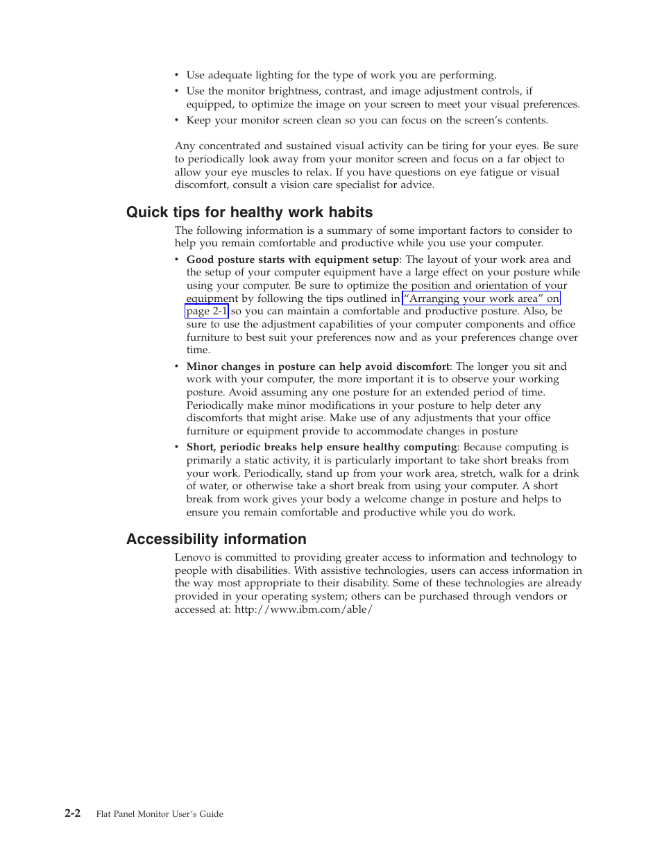 Quick tips for healthy work habits, Accessibility information, Quick | Tips, Healthy, Work, Habits, Accessibility, Information | Lenovo ThinkVision L174 User Manual | Page 11 / 31