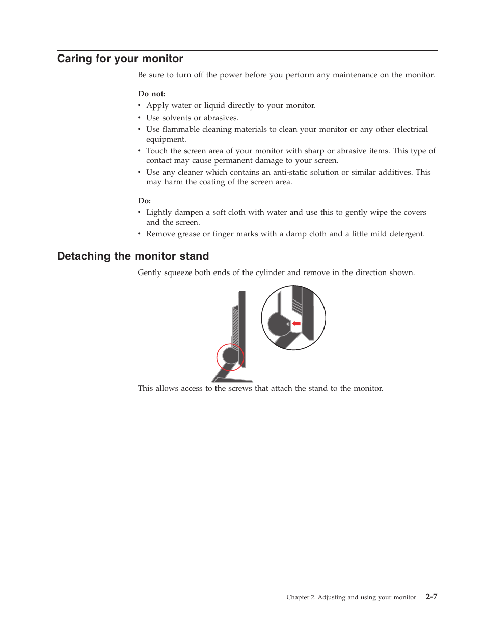 Caring for your monitor, Detaching the monitor stand, Caring | Your, Monitor, Detaching, Stand | Lenovo ThinkVision L174 User Manual | Page 16 / 31