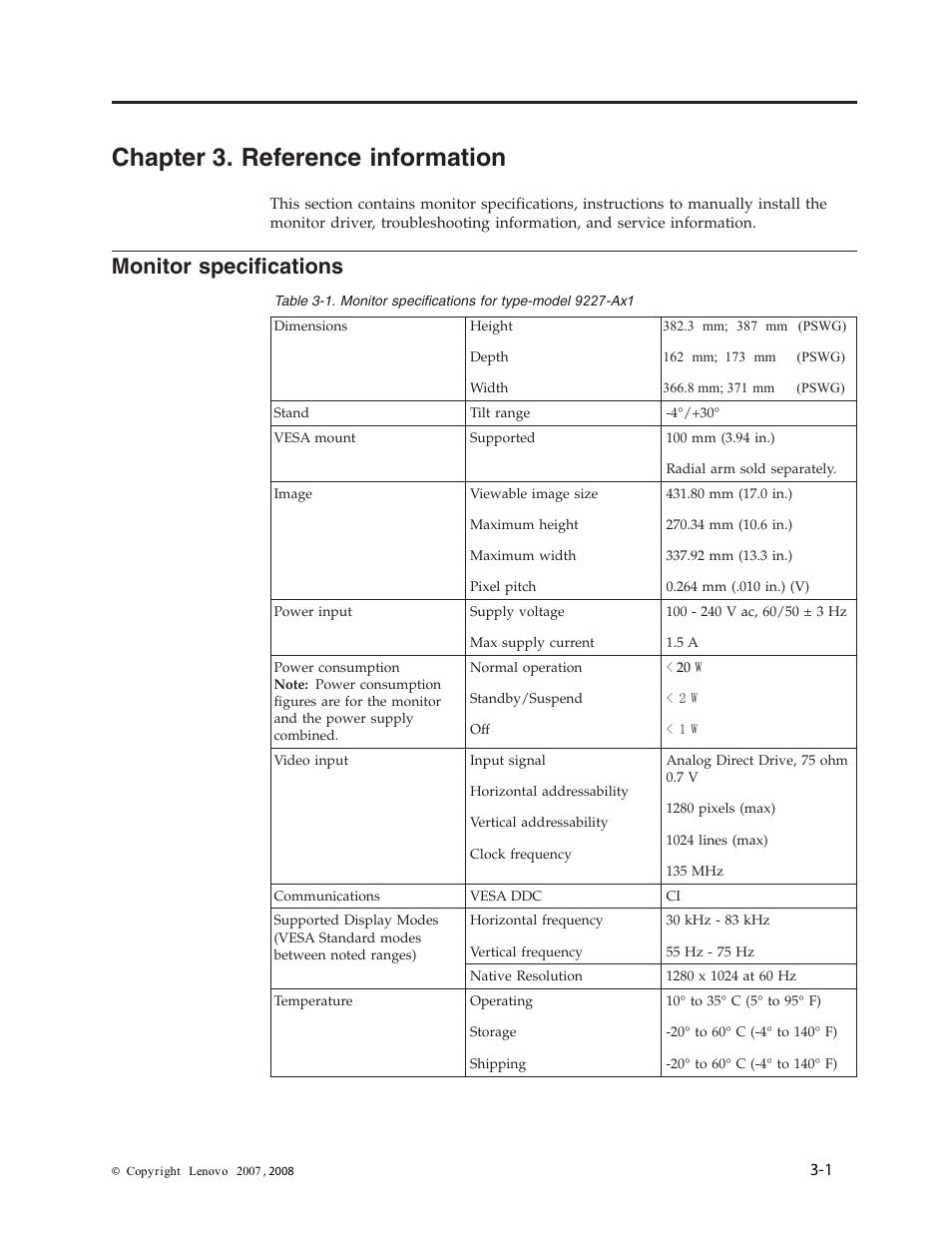 Chapter 3. reference information, Monitor specifications, Chapter | Reference, Information, Monitor, Specifications | Lenovo ThinkVision L174 User Manual | Page 17 / 31