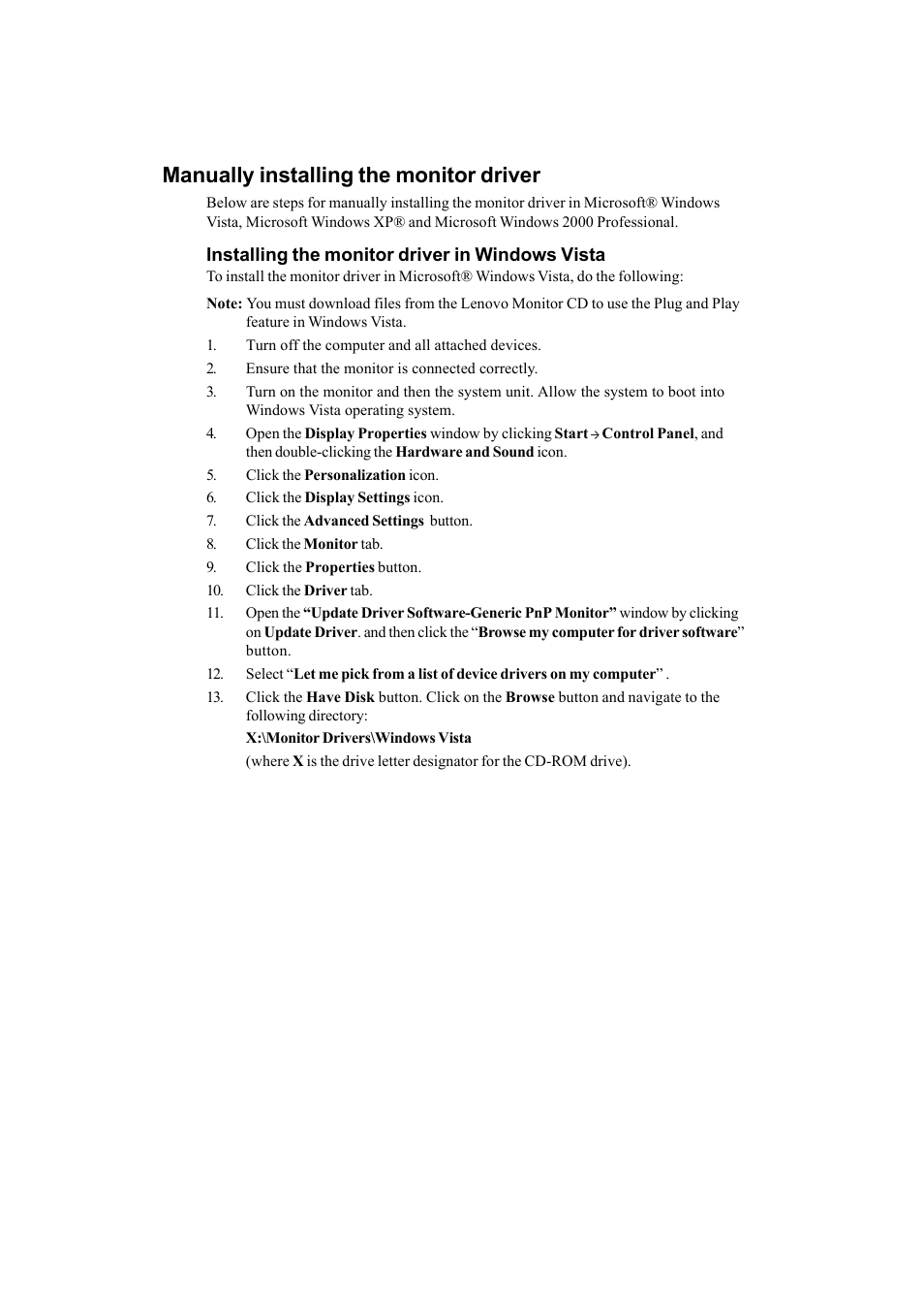 Manually installing the monitor driver | Lenovo ThinkVision L174 User Manual | Page 21 / 31