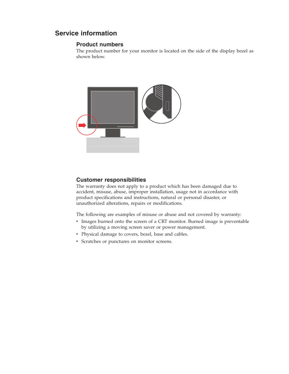 Service information, Product numbers, Customer responsibilities | Service, Information | Lenovo ThinkVision L174 User Manual | Page 24 / 31