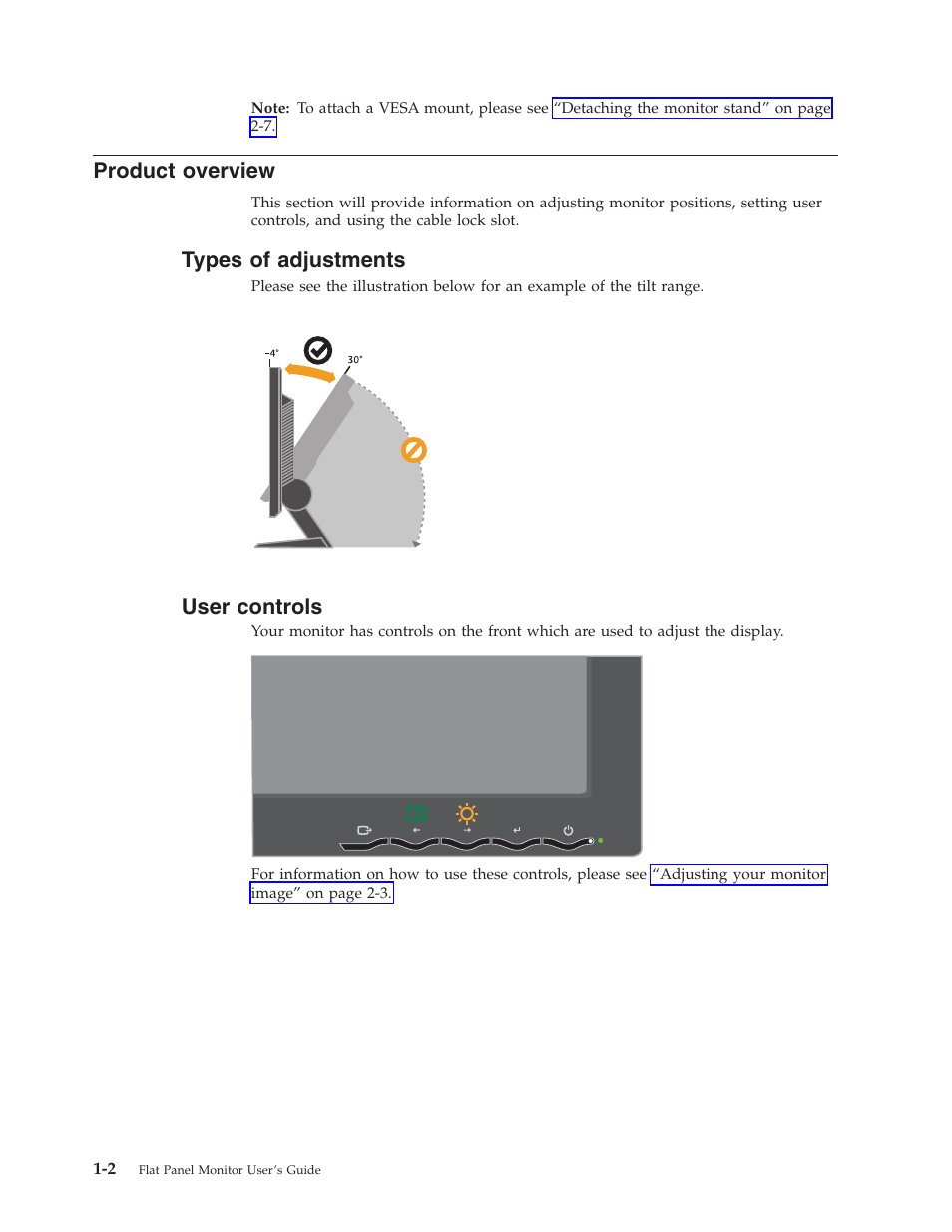 Product overview, Types of adjustments, User controls | Product, Overview, Types, Adjustments, User, Controls | Lenovo ThinkVision L174 User Manual | Page 6 / 31