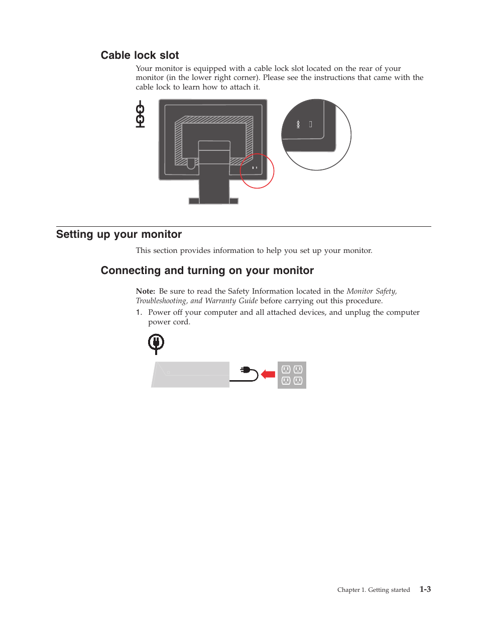 Cable lock slot, Setting up your monitor, Connecting and turning on your monitor | Cable, Lock, Slot, Setting, Your, Monitor, Connecting | Lenovo ThinkVision L174 User Manual | Page 7 / 31