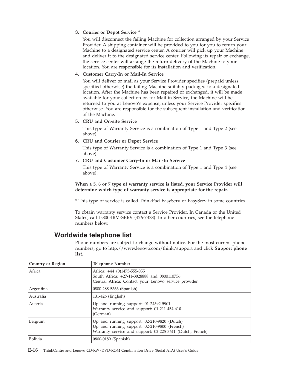 Worldwide telephone list, Worldwide, Telephone | List, E-16 | Lenovo ThinkCentre 41N5624 User Manual | Page 52 / 66