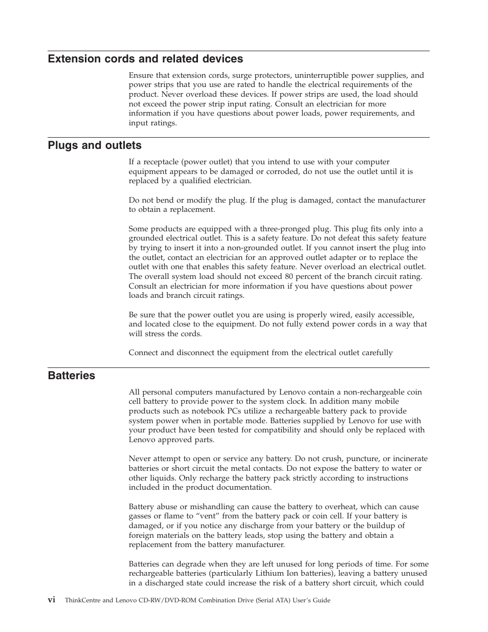 Extension cords and related devices, Plugs and outlets, Batteries | Extension, Cords, Related, Devices, Plugs, Outlets | Lenovo ThinkCentre 41N5624 User Manual | Page 8 / 66