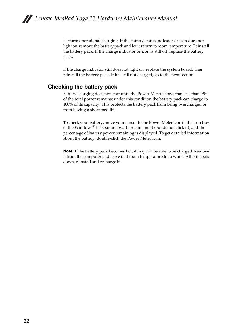 Checking the battery pack, Lenovo ideapad yoga 13 hardware maintenance manual | Lenovo 13 User Manual | Page 26 / 72