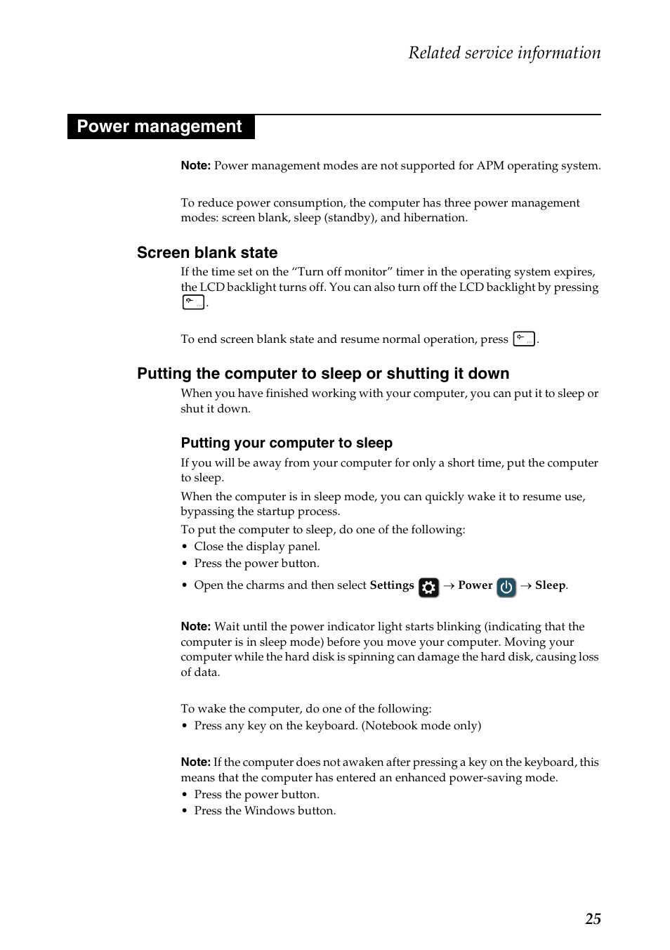 Power management, Screen blank state, Putting the computer to sleep or shutting it down | Related service information | Lenovo 13 User Manual | Page 29 / 72