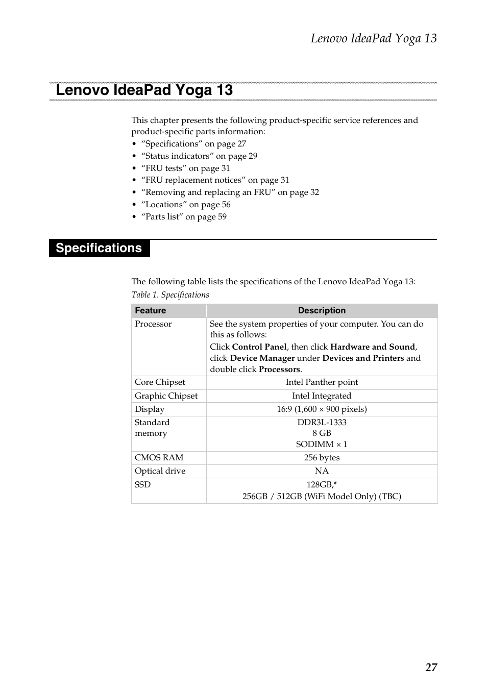 Lenovo ideapad yoga 13, Specifications, Lenovo ideapad yoga 13 specifications | Lenovo 13 User Manual | Page 31 / 72