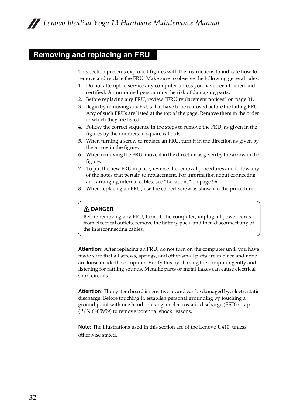 Removing and replacing an fru, Lenovo ideapad yoga 13 hardware maintenance manual | Lenovo 13 User Manual | Page 36 / 72