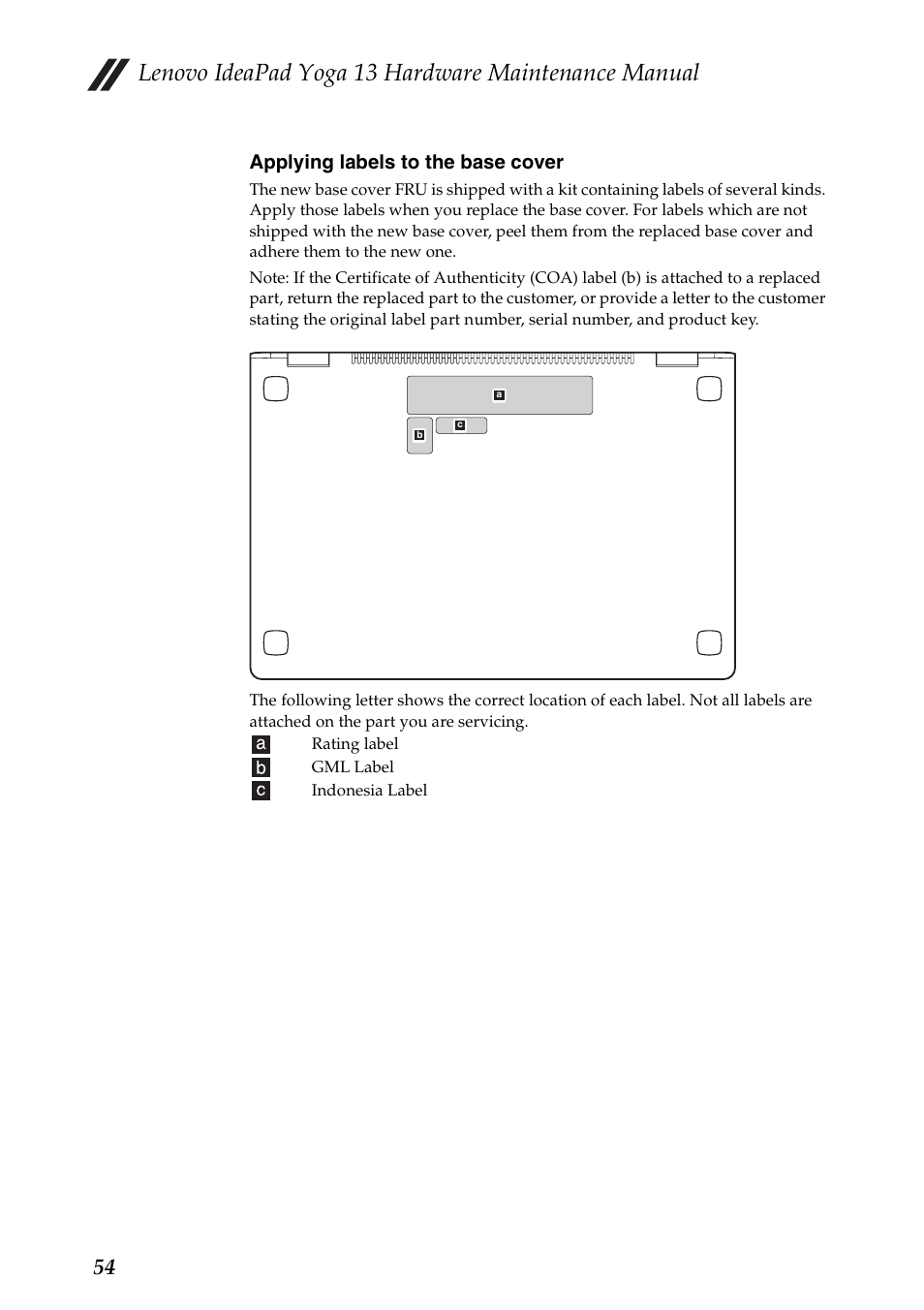 Lenovo ideapad yoga 13 hardware maintenance manual, Applying labels to the base cover | Lenovo 13 User Manual | Page 58 / 72