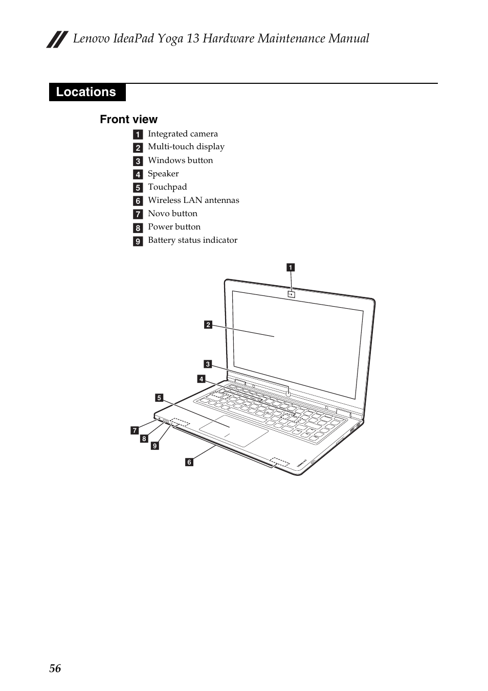 Locations, Front view, Lenovo ideapad yoga 13 hardware maintenance manual | 56 front view | Lenovo 13 User Manual | Page 60 / 72