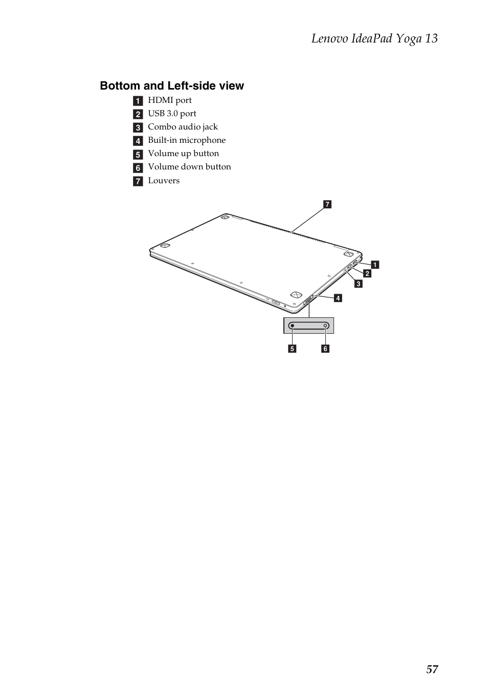 Bottom and left-side view, Lenovo ideapad yoga 13, 57 bottom and left-side view | Lenovo 13 User Manual | Page 61 / 72