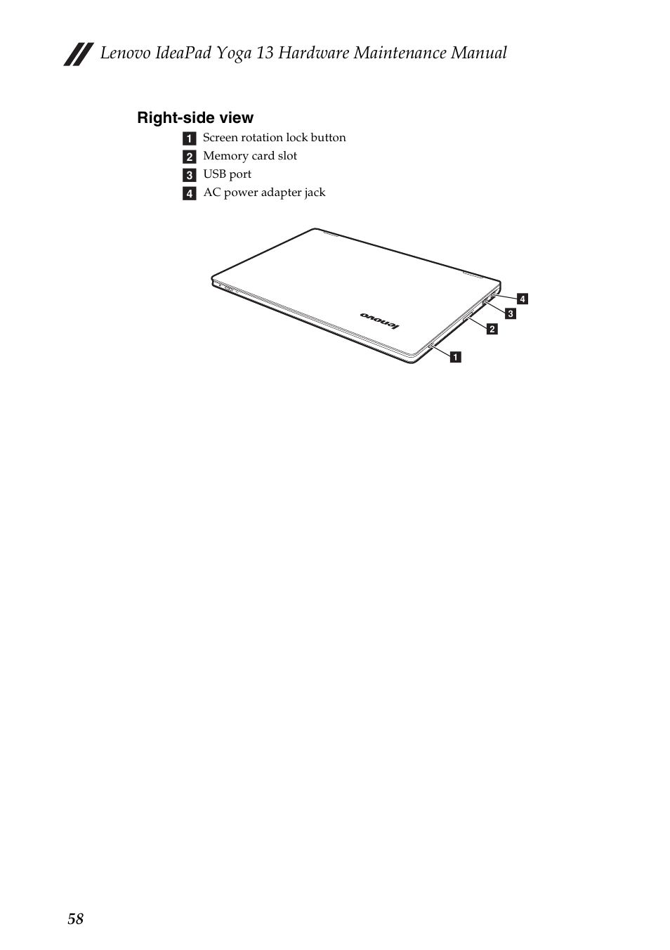 Right-side view, Lenovo ideapad yoga 13 hardware maintenance manual, 58 right-side view | Lenovo 13 User Manual | Page 62 / 72