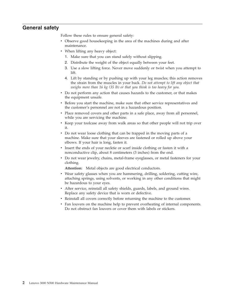 General safety, General, Safety | Lenovo 3000 N500 User Manual | Page 10 / 124