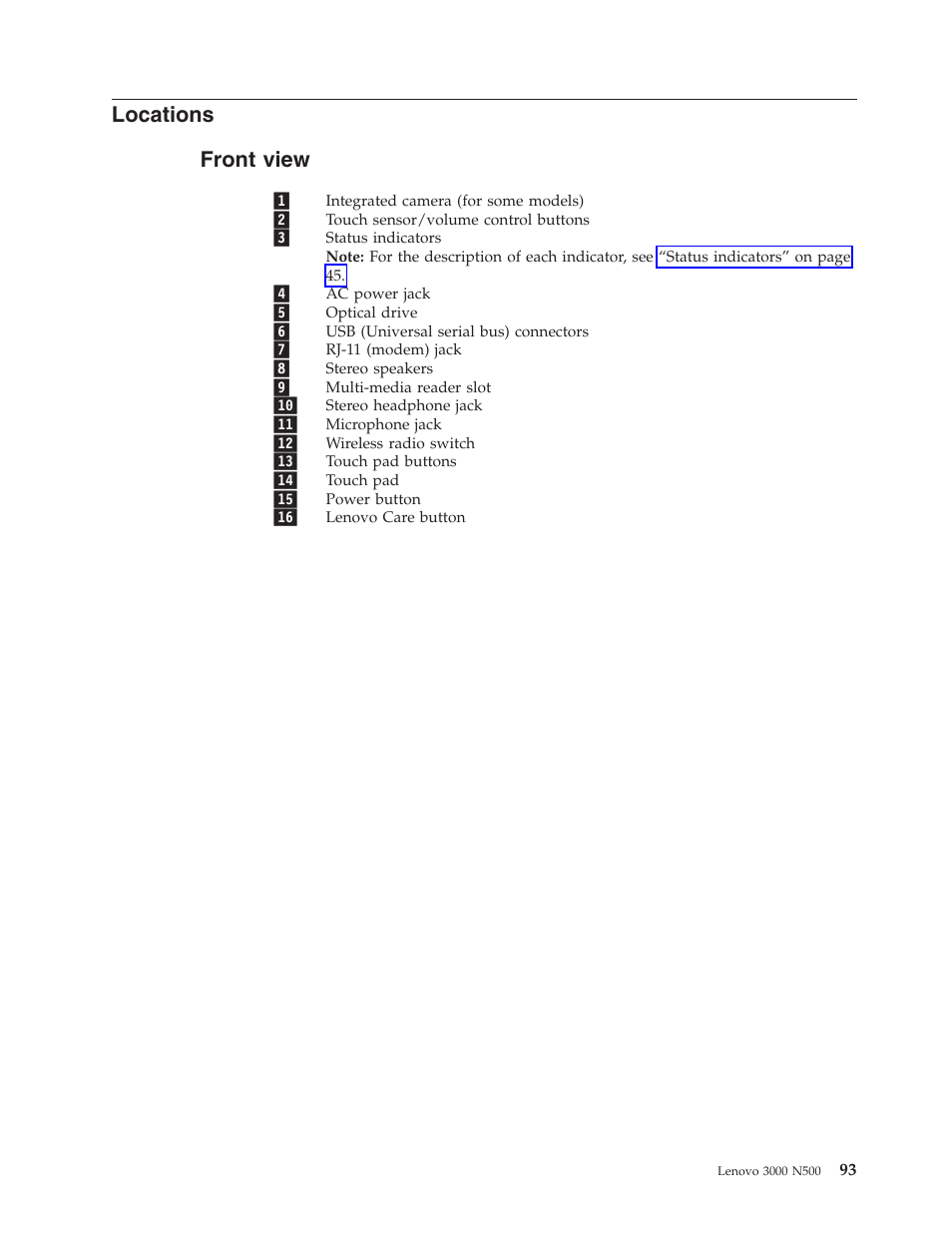 Locations, Front view, Front | View | Lenovo 3000 N500 User Manual | Page 101 / 124