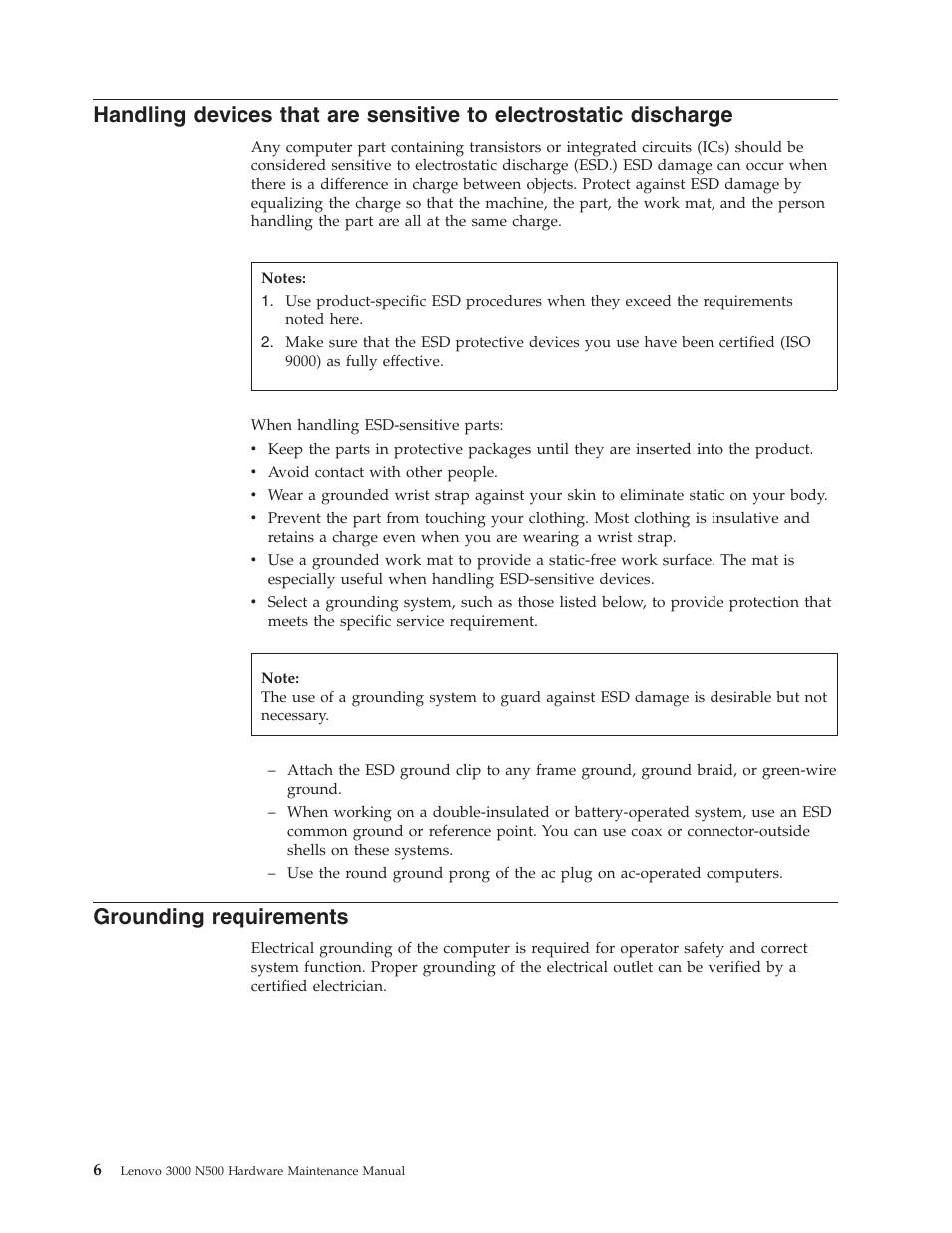 Grounding requirements, Handling, Devices | That, Sensitive, Electrostatic, Discharge, Grounding, Requirements | Lenovo 3000 N500 User Manual | Page 14 / 124