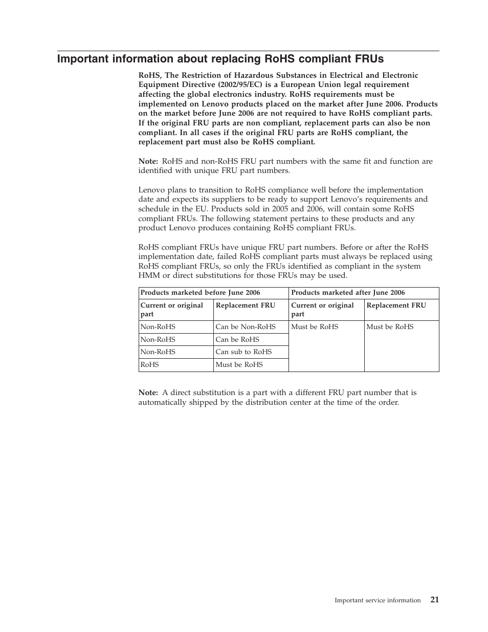 Important, Information, About | Replacing, Rohs, Compliant, Frus | Lenovo 3000 N500 User Manual | Page 29 / 124