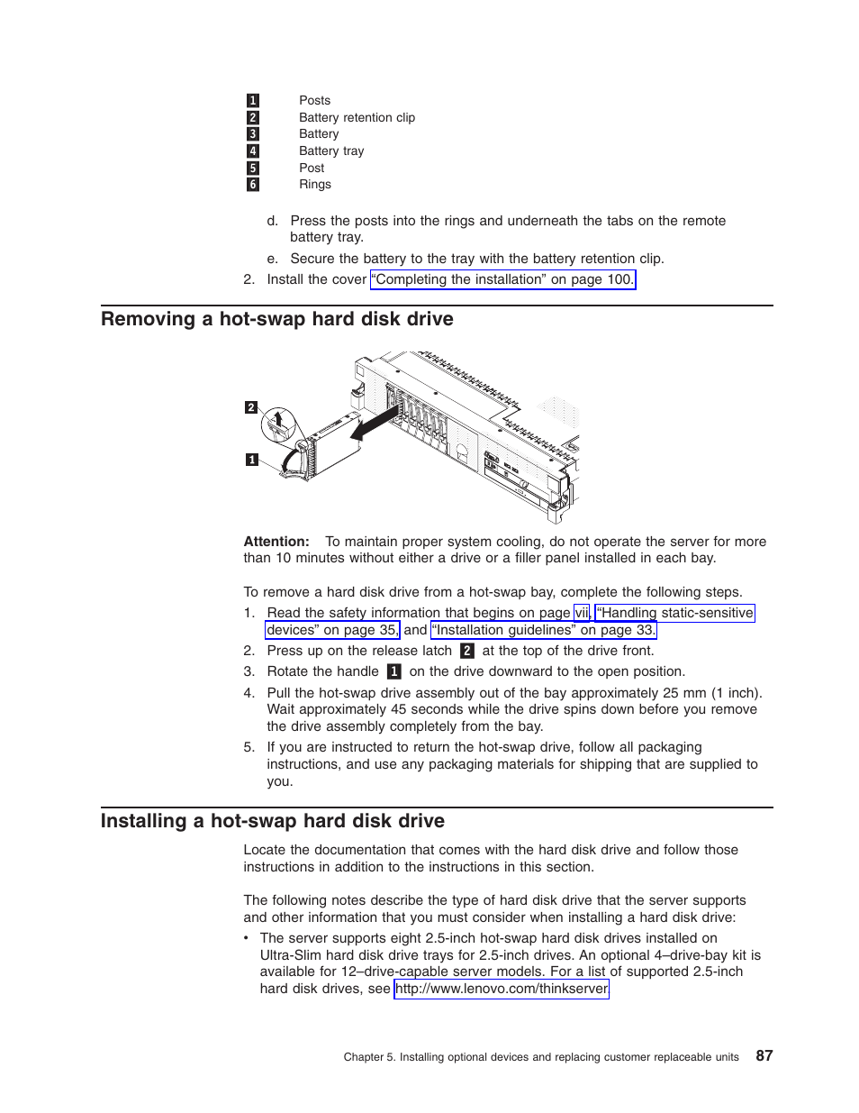 Removing a hot-swap hard disk drive, Installing a hot-swap hard disk drive, Removing | Hot-swap, Hard, Disk, Drive, Installing | Lenovo 3797 User Manual | Page 103 / 188