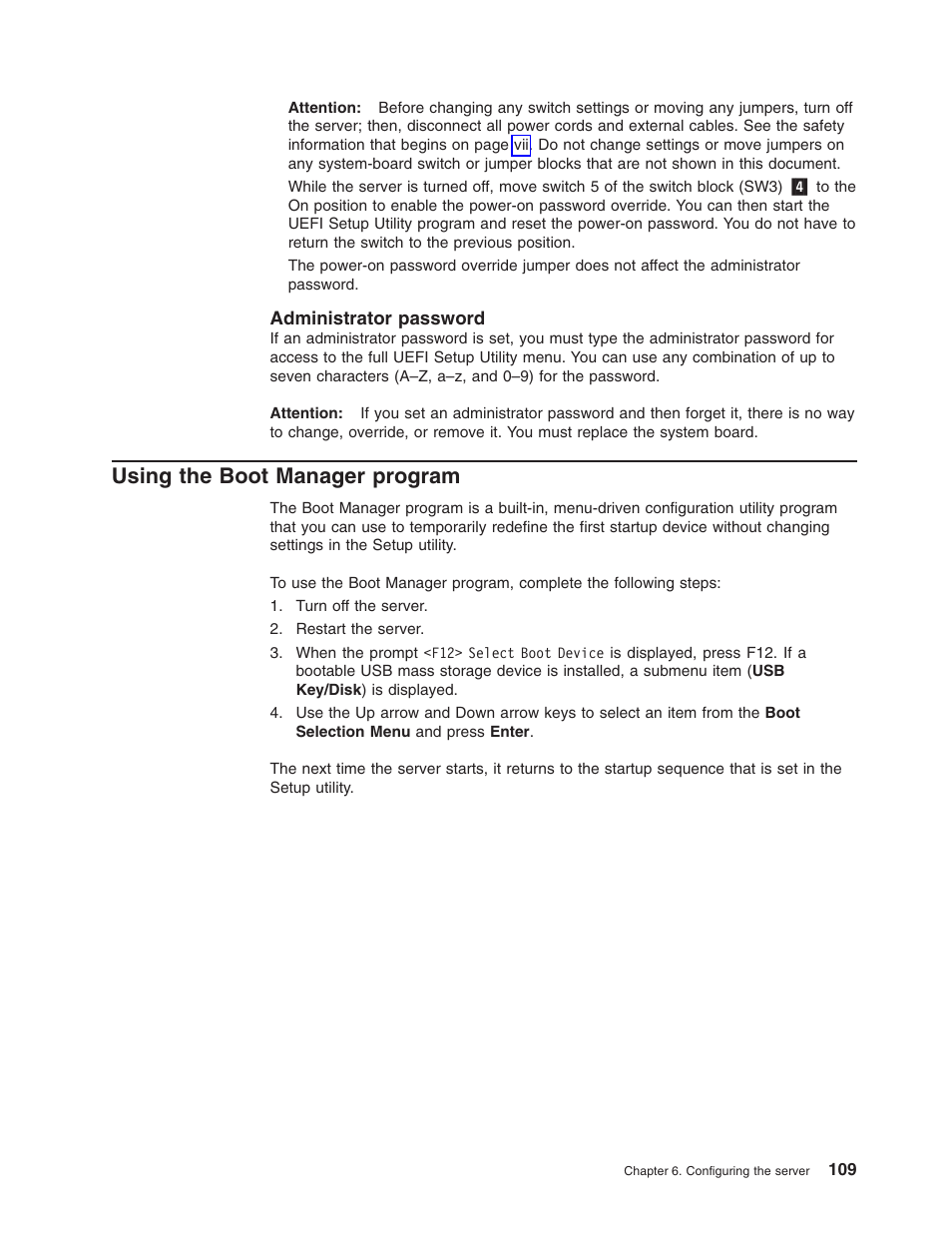 Administrator password, Using the boot manager program, Using | Boot, Manager, Program, Administrator, Password | Lenovo 3797 User Manual | Page 125 / 188