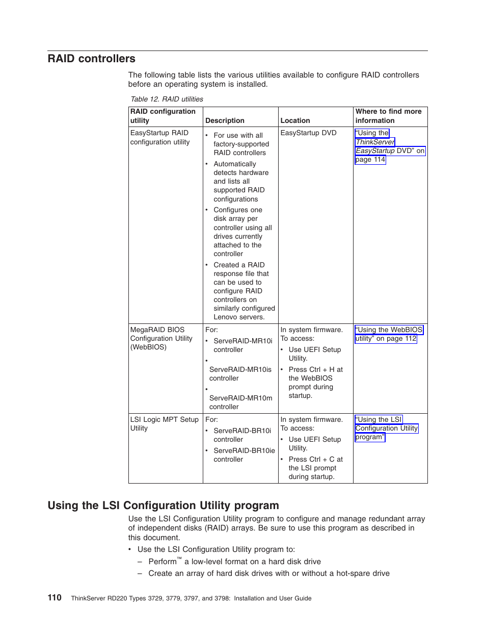 Raid controllers, Using the lsi configuration utility program, Raid | Controllers, Using, Configuration, Utility, Program | Lenovo 3797 User Manual | Page 126 / 188