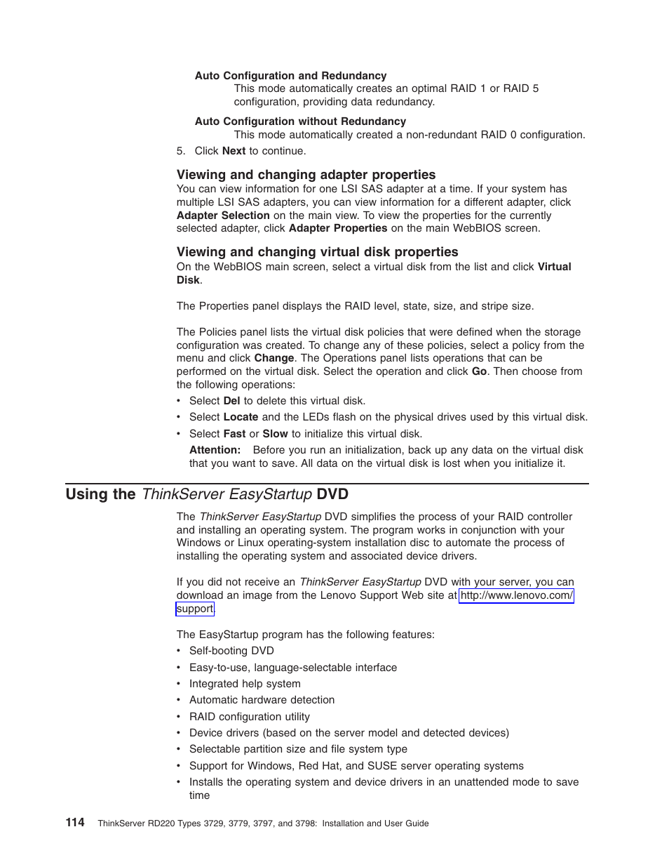 Viewing and changing adapter properties, Viewing and changing virtual disk properties, Using the thinkserver easystartup dvd | Using, Thinkserver, Easystartup, Viewing, Changing, Adapter, Properties | Lenovo 3797 User Manual | Page 130 / 188