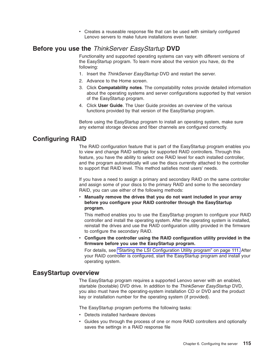 Before you use the thinkserver easystartup dvd, Configuring raid, Easystartup overview | Before, Thinkserver, Easystartup, Configuring, Raid, Overview | Lenovo 3797 User Manual | Page 131 / 188