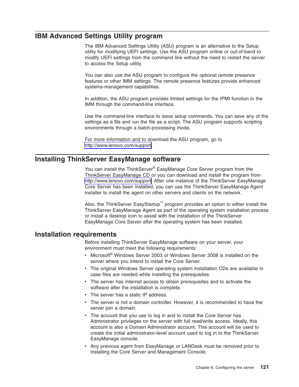 Ibm advanced settings utility program, Installing thinkserver easymanage software, Installation requirements | Advanced, Settings, Utility, Program, Installing, Thinkserver, Easymanage | Lenovo 3797 User Manual | Page 137 / 188