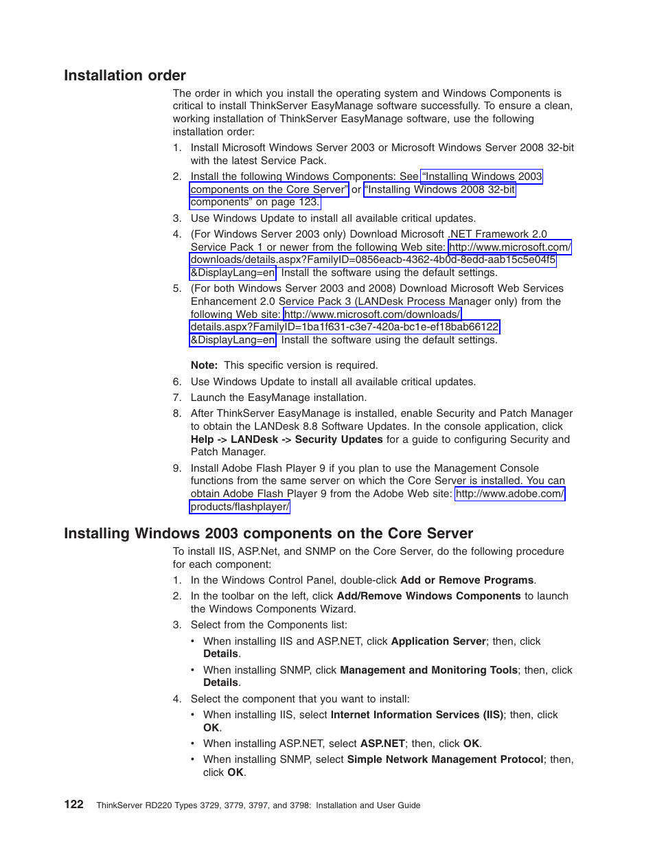Installation order, Installation, Order | Installing, Windows, Components, Core, Server | Lenovo 3797 User Manual | Page 138 / 188