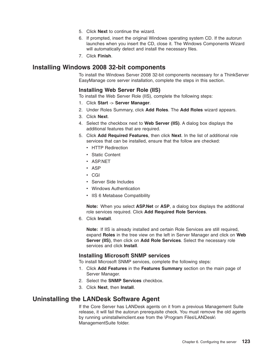 Installing windows 2008 32-bit components, Installing web server role (iis), Installing microsoft snmp services | Uninstalling the landesk software agent, Installing, Windows, Components, Uninstalling, Landesk, Software | Lenovo 3797 User Manual | Page 139 / 188