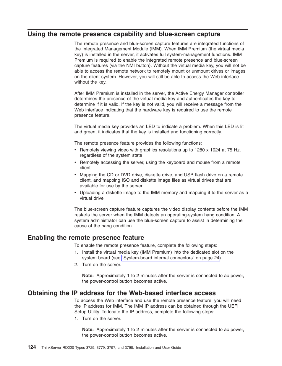 Enabling the remote presence feature, Using, Remote | Presence, Capability, Blue-screen, Capture, Enabling, Feature, Obtaining | Lenovo 3797 User Manual | Page 140 / 188